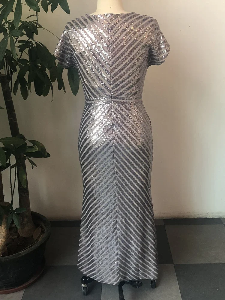 Robe de Soirée Longue de Forme Sirène pour Femme, Tenue Luxueuse, à Paillettes Brillantes, Col en V, Manches Courtes, Rayée, Élégante, 5XL, 2023