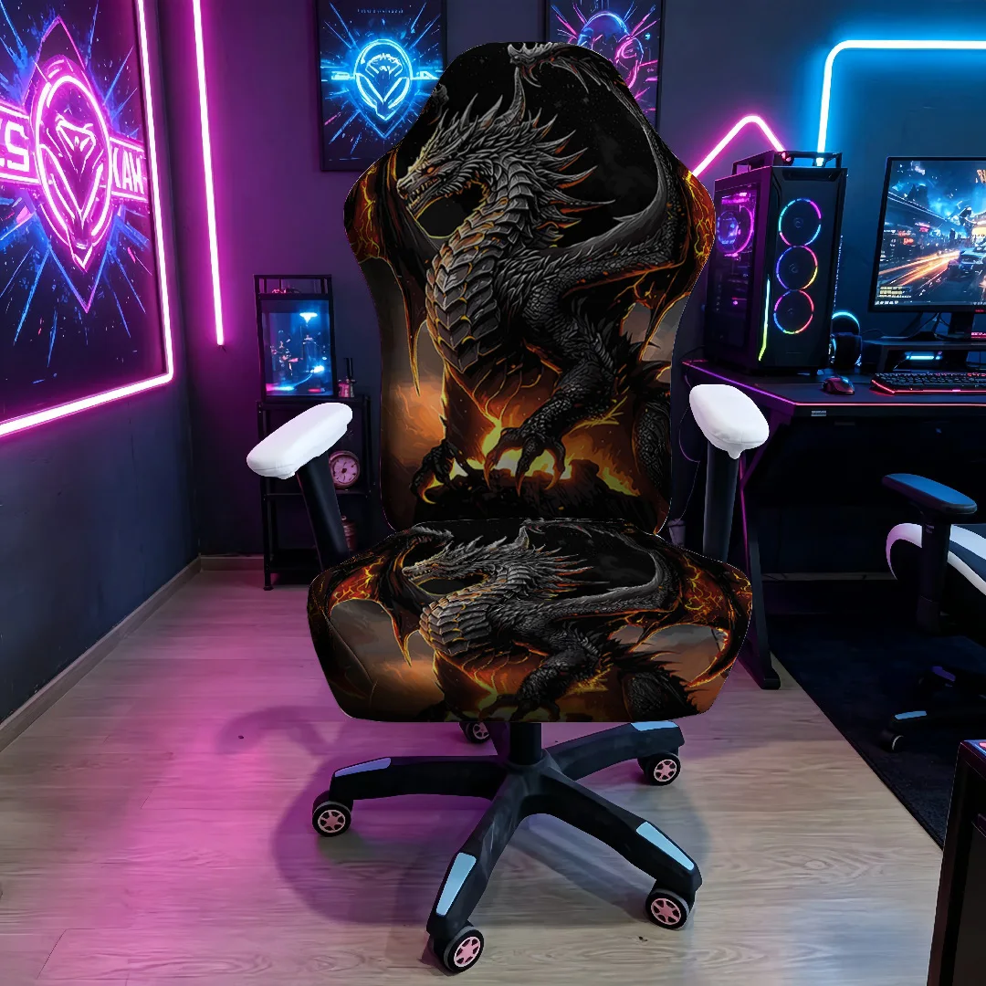 Black Fire Dragon Gaming Chair Cover, Stretch Elastic Anti-Scratch Slipcover for Gamer & Office Chair