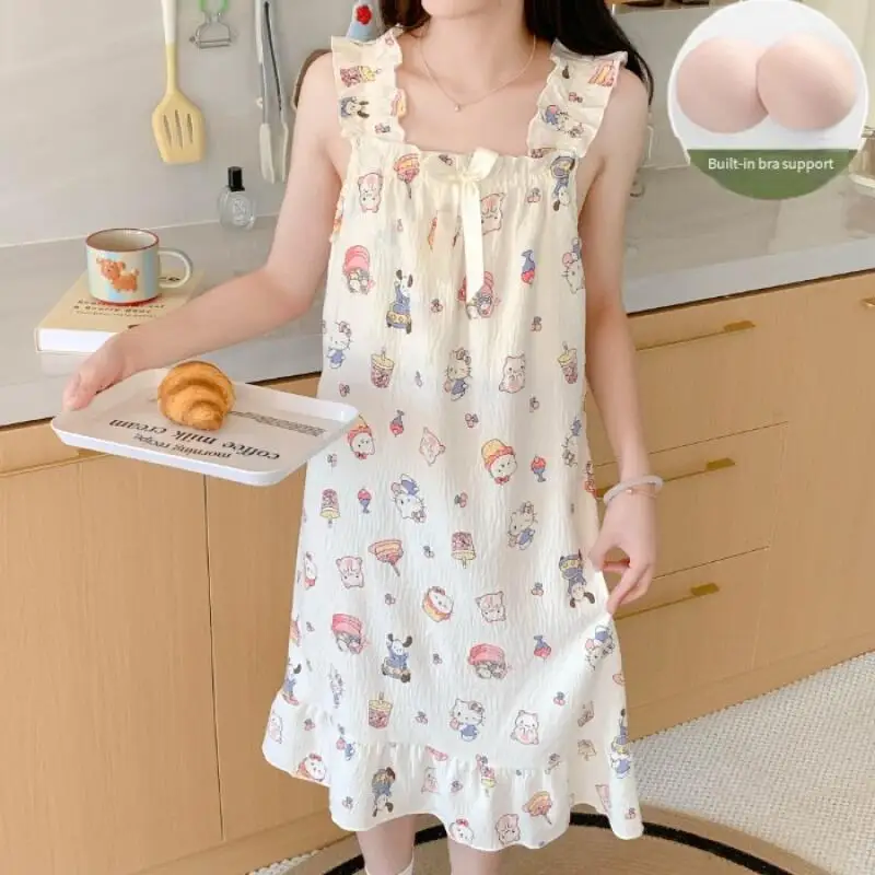 

Sanrio Hello Kitty, ночная рубашка для молодых девушек, кавайная студенческая летняя пижама без рукавов с героями мультфильмов и накладкой на грудь, комплект домашней одежды, платье