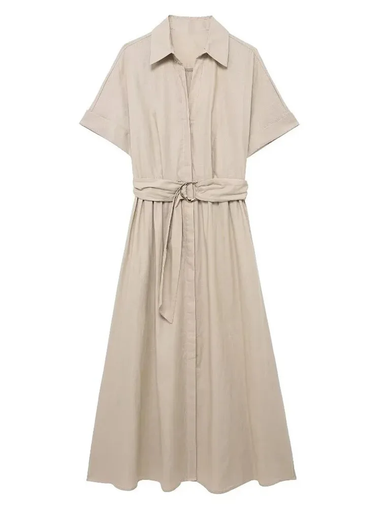 Letnia Nowa Kolekcja Damska Moda w Stylu Amerykańskim Modna Sukienka Midi w Stylu Koszuli z Mieszanki Lnu Casualowe Damskie Bluzki T7YD