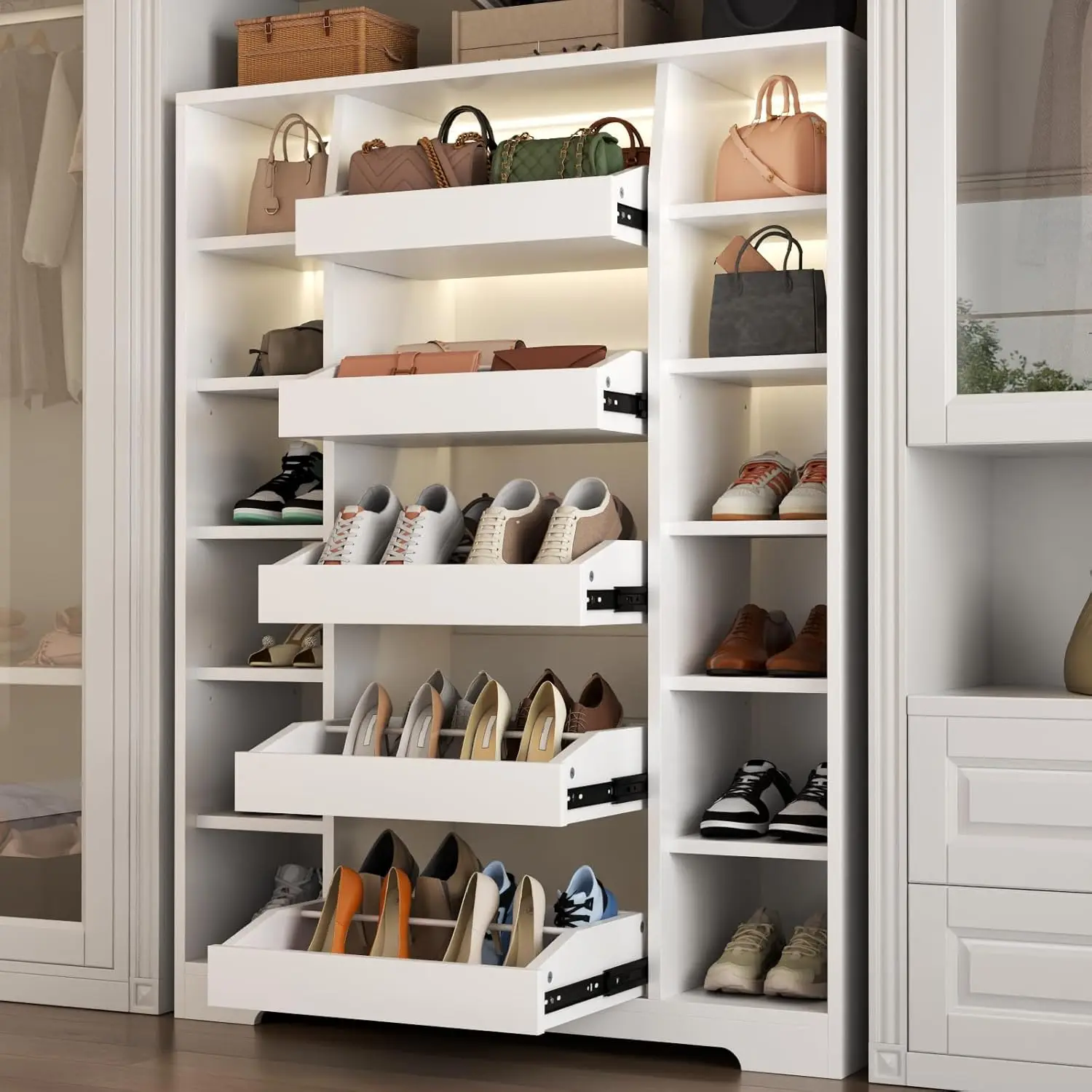 Shoe Storage Cabinet with 5 Drawers & 12 Shelves, Modern LED Shoe Rack & Handbag Storage Cabinet