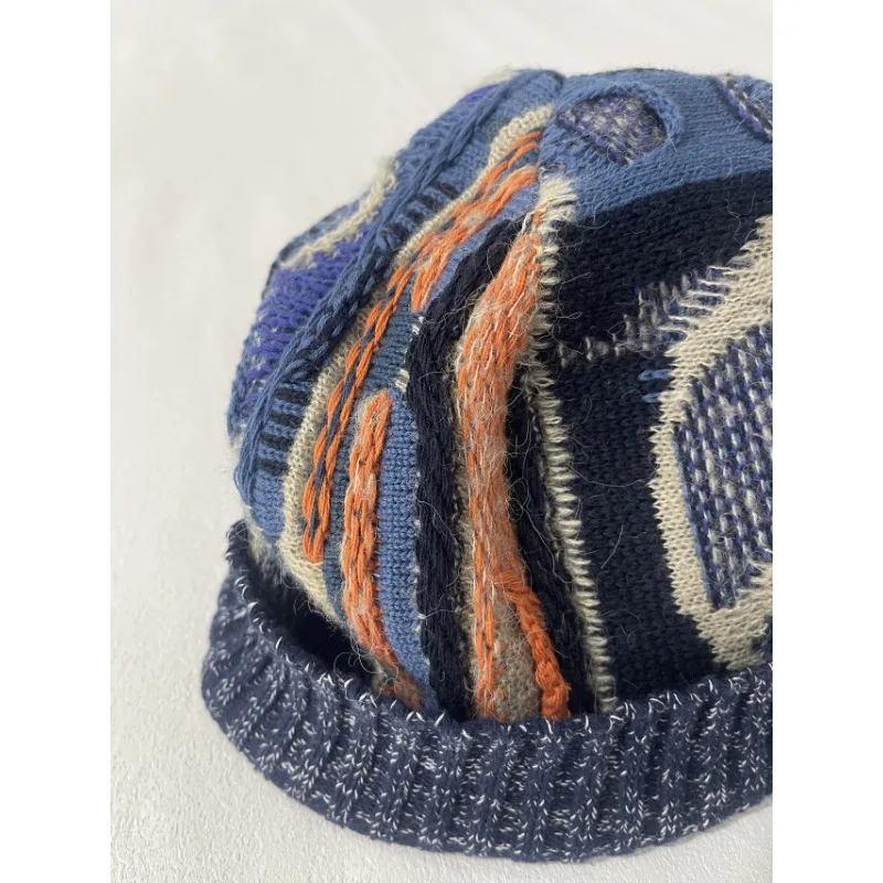 Kapital Japan Handmade Hats Men Knitted Blend Vintage Patchwork Warm Wool Cap Geometric Color Block Bonnets for Women Winter Hat