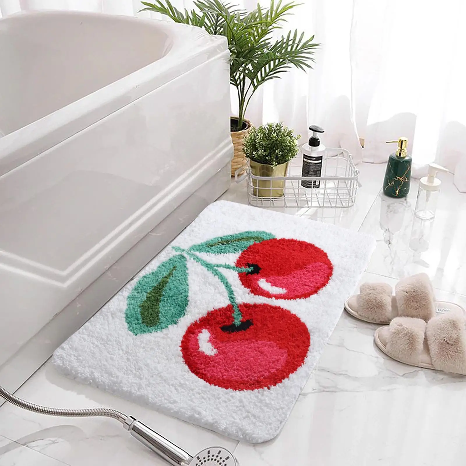 

Cherries Patterned Quick Dry Flocking Door Mat Bathroom Absorbent Anti Slip Rectangular Home Floor Rugs for Bathroom Entrance