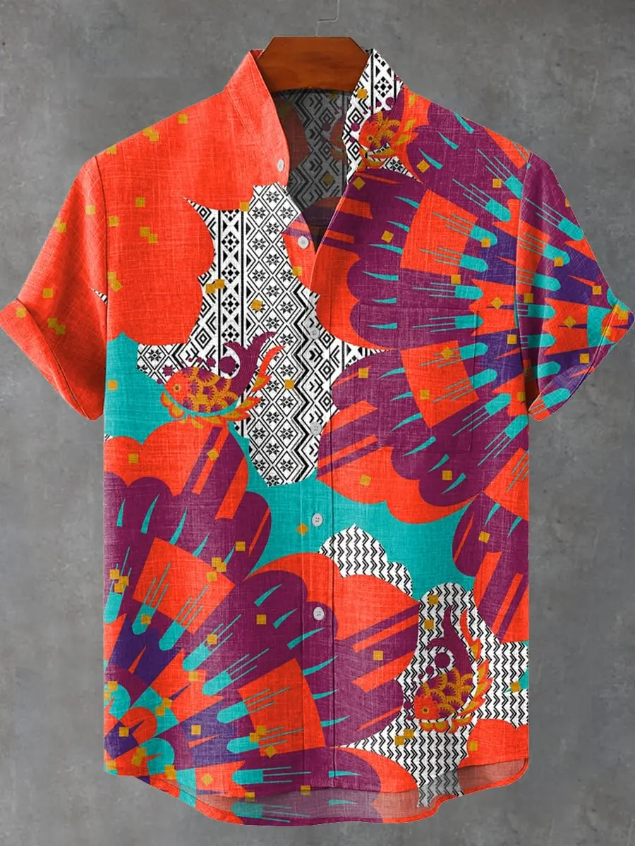 

Разноцветная полосатая льняная мужская рубашка с коротким рукавом с 3D геометрическим принтом, модная повседневная откидная рубашка, новая летняя коллекция