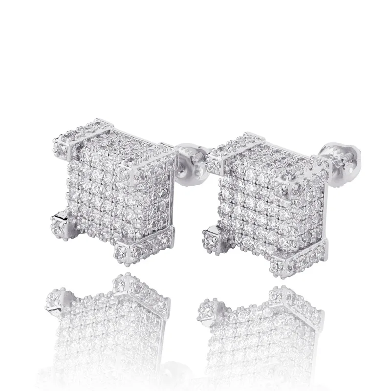 

1Pair S925 Sterling Silver Hip Hop 5A+ CZ Stone Paved Bling Ice Out Geometric Square Stud Earrings for Men Rapper Jewelry