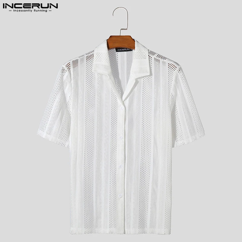 2024 Men\'s Shirt Mesh Transparent Lapel Short Sleeve Summer Men Clothing Streetwear Hollow Out Fashion Casual Camisas INCERUN