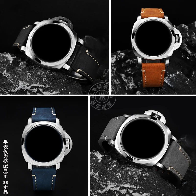 Cowhide leather watch strap 22 24 26 Retro style waterproof black blue brown beige line watchband For Panerai LUMINOR PAM111 441