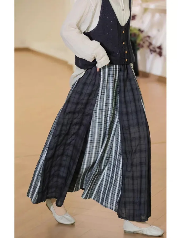 

Women's Plaid f Skirt Mixed Cotton Blend Gypsy Sle Wide Hem A-Line High Waist Long Skirt Faionable Casual Summer Dr