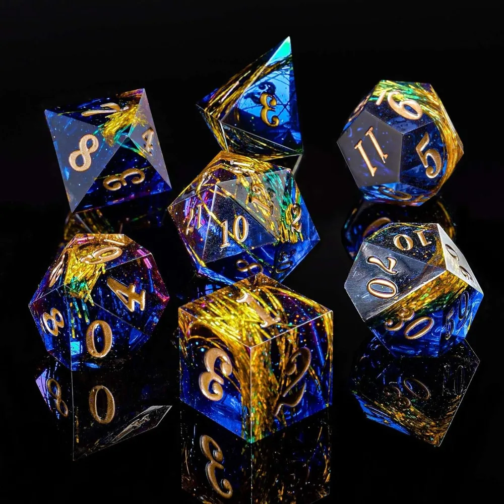 

7PCS New Resin Fluid Dice Set Blue Green Purple Polyhedral Liquid Dices D4 D6 D8 D10 D12 D20 Sharp Corner Dice For D&d DND