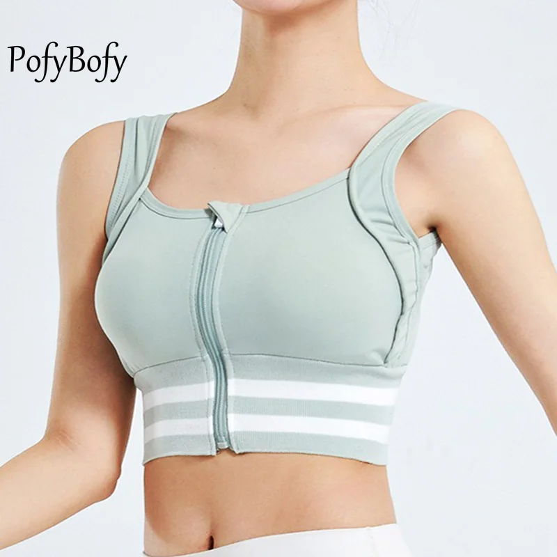 

PofyBofy Built in Bra Zipper Front Color Stitching Widen Waistband Shockproof Sport Bra Tank Top Yoga Fitness Women’s Sportwear