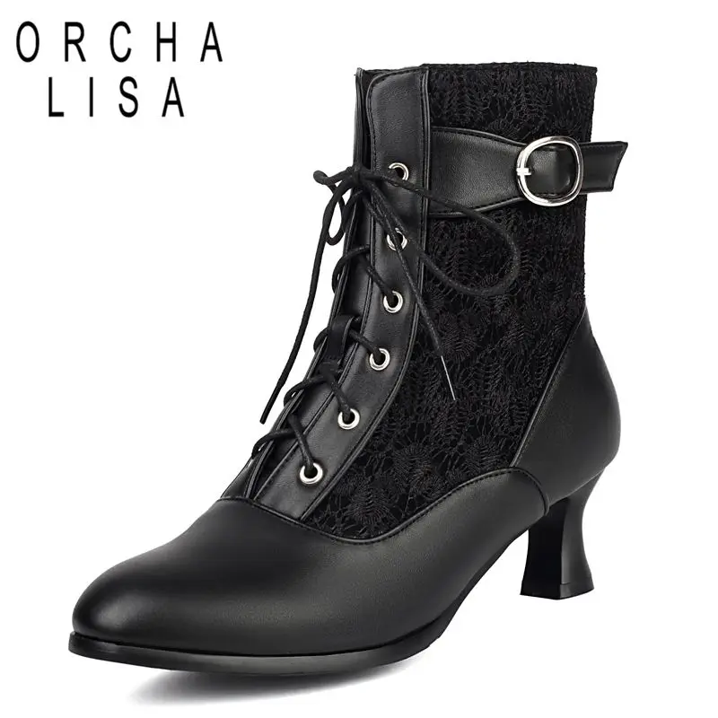 

ORCHA LISA 2025 Wedding Women Ankle Boots Round Toe Strange Heels 5cm Lace Up Belt Buckle Plus Size 41 42 43 Sexy Fashion Bota