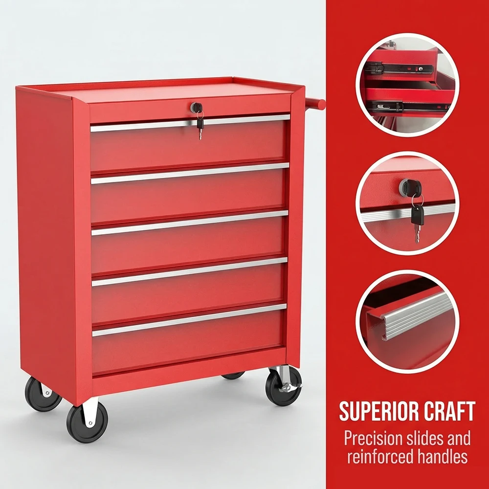 Red Toolbox Trolley with Locking 5-drawer Roller Mental Cabinet Garden Garage Trolley Cabinet Cart 트롤리 카트
