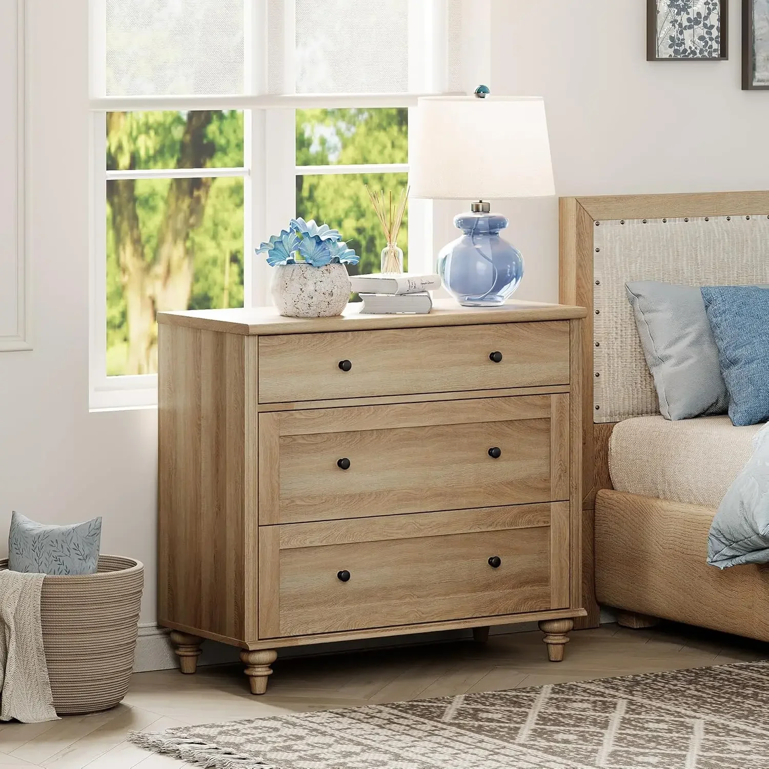 Best Seller Farmhouse Nightstand with 3 Drawers, Large Wood Bedside Table Night Stand, Wide Sofa Side End Table 3 Drawers