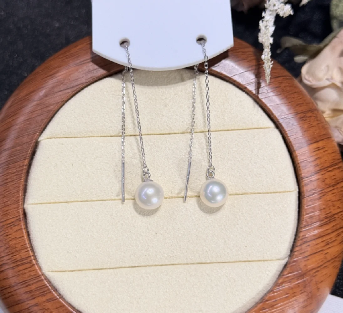 

New long pure silver pearl earrings AAAA7-8mm natural pearl elegant temperament versatile earrings 925s