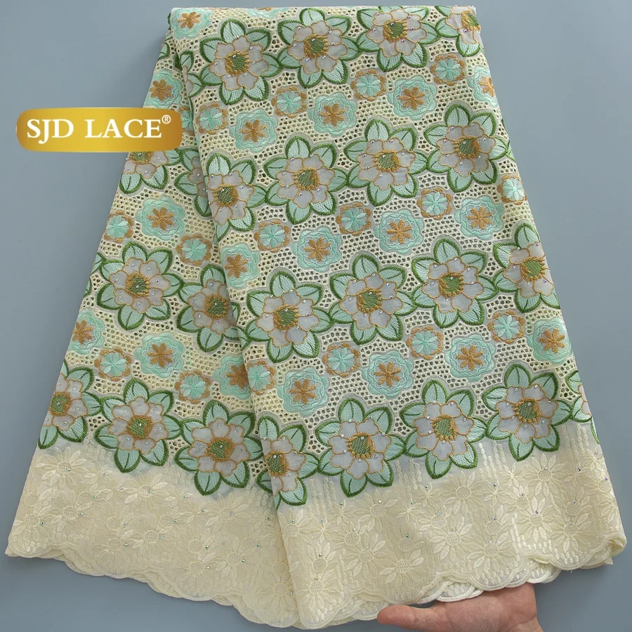 

Кружевная ткань SJD LACE из африканского хлопка с камнями, высококачественное нигерийское швейцарское кружево-вуаль для женских свадебных и праздничных платьев 2026 (4845)