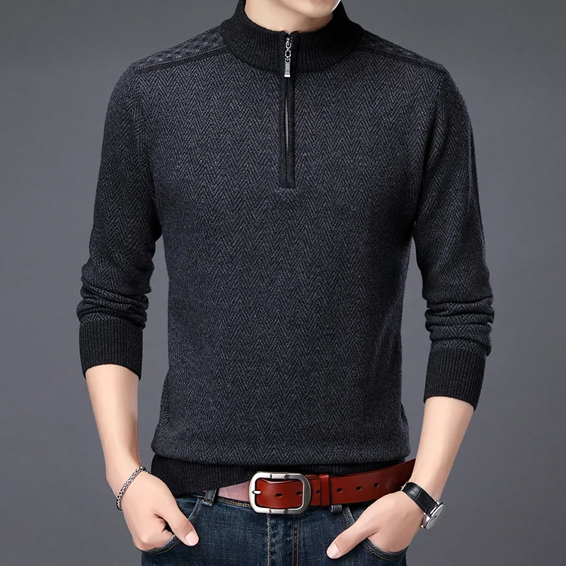 

sweater men's 200 pure wool semi-turtle Cashmere neck zipper thickened business casual knitted sweater