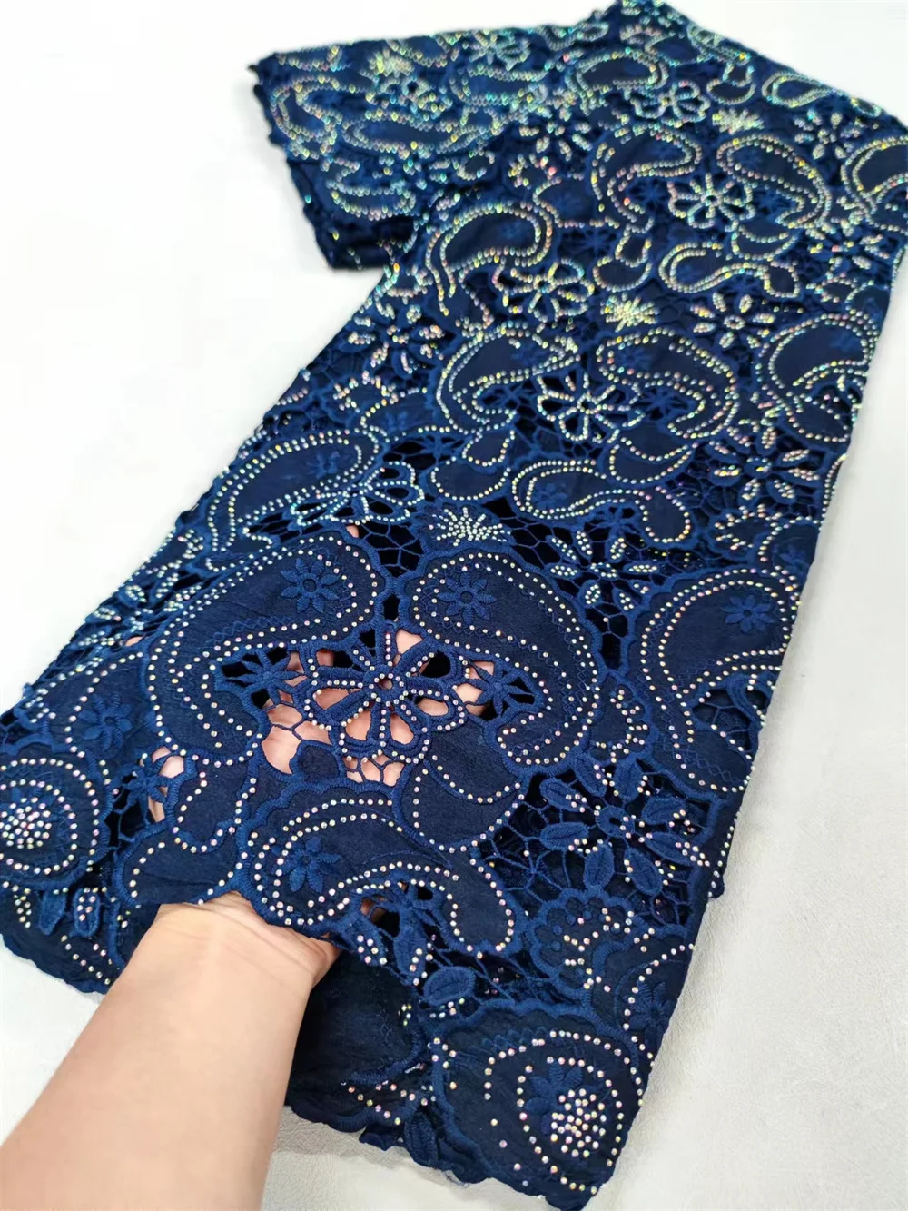 

Navy Blue Lace Fabric 2024 High Quality Luxury Nigerian Guipure Cord Lace Fabric Nigerian Evening Party Dresses For Women W161-1