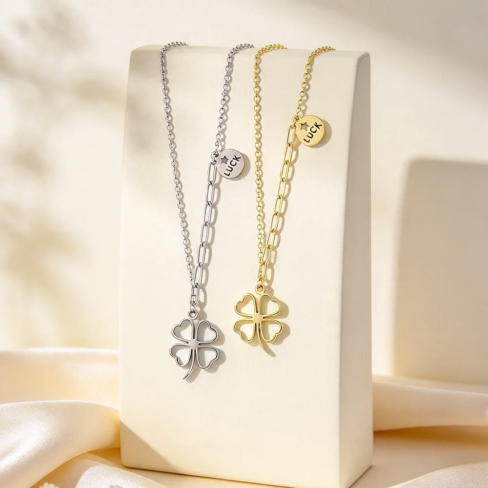 Four Leaf Clover Pendant Necklace, Hollow Lucky Clover Round Disc Letter Charm Necklace, Two Tone Chain Fashion Jewelry Gifts