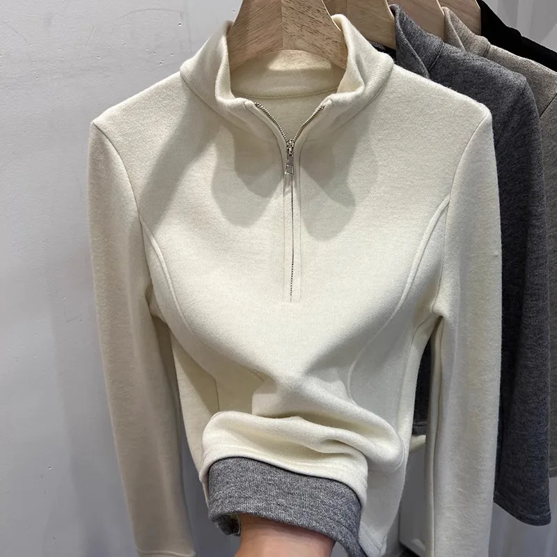 韓国ファッション レディース 無地 フェイクツーピース 長袖 パーカー スタンドカラー コントラストジッパー ハイストリート ベーシックトップ 秋