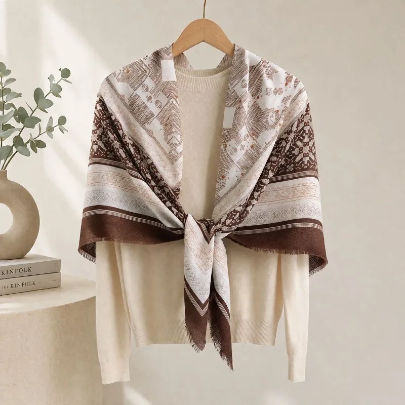 Women Retro Print Square Scarf Fringed Shawl Multifunctional Sun Protection Air Condition Room Wrap Fashion Neck Scarf