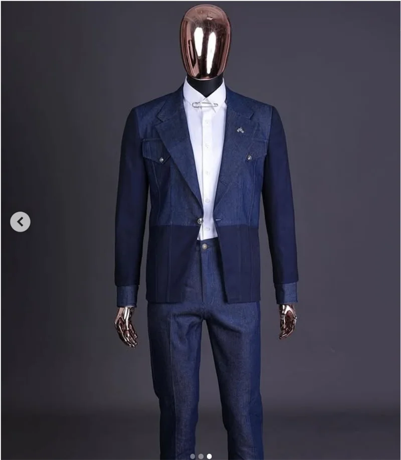 Blue Denim Splicing Men Suit Set 2 Piece Blazer+Pants Prom Wedding Tuxedos Coat Cotton Customized Formal Office Fashion Jacket