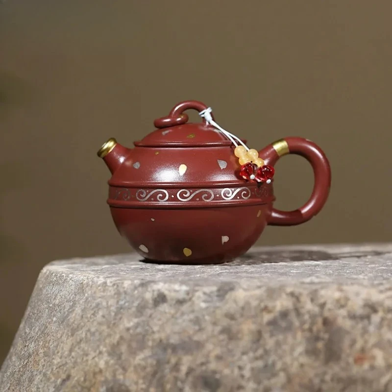 

220ml Yixing Purple Clay Teapots Handmade Golden-spotted Jade Ring Pot Raw Ore Di Cao Qing Mud Kettle With Filter Zisha Tea Set