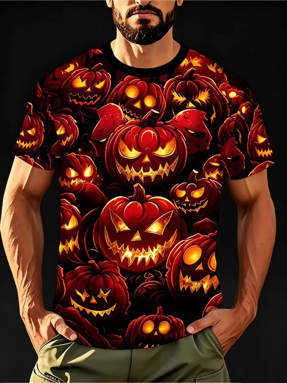 Halloween Red Pumpkin Jack O Lantern 3D Print Short Sleeve T-shirt, Spooky Horror Graphic Tee, Casual Crew Neck Tops