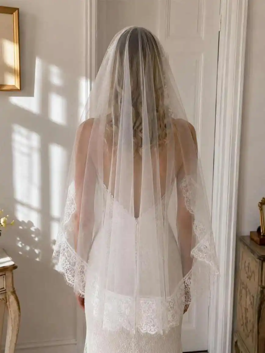 Noble Bridal Veil Breathable Tulle Large Floral Lace Appliques Ornate Scalloped Border Chapel Train Wedding Formal Celebration