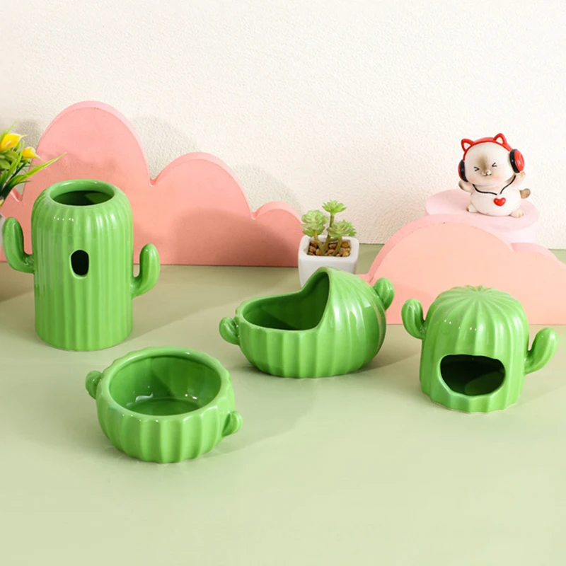 Ceramic Pet Nest Hamster Food Bowl Bath Tub Cactus Water Bottle Holder Food Splashing Gerbil Chinchilla Rat Ferret Hedgehog