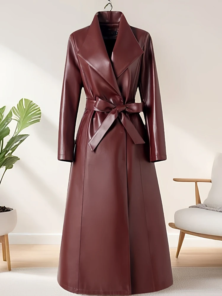 

Genuine Leather Coat Women's Mid-Length Over-Knee Waist-Cinching New Sle Autumn High-End Feeling Retro eepskin Windbreaker