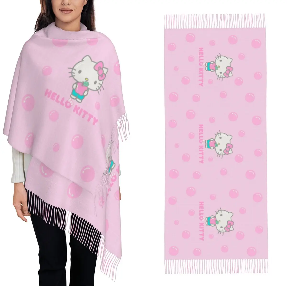 Hello Kitty Apples Scarf for Womens Warm Winter Cashmere Shawl Wrap Cartoon Cute Long Large Scarves with Tassel Lightweight