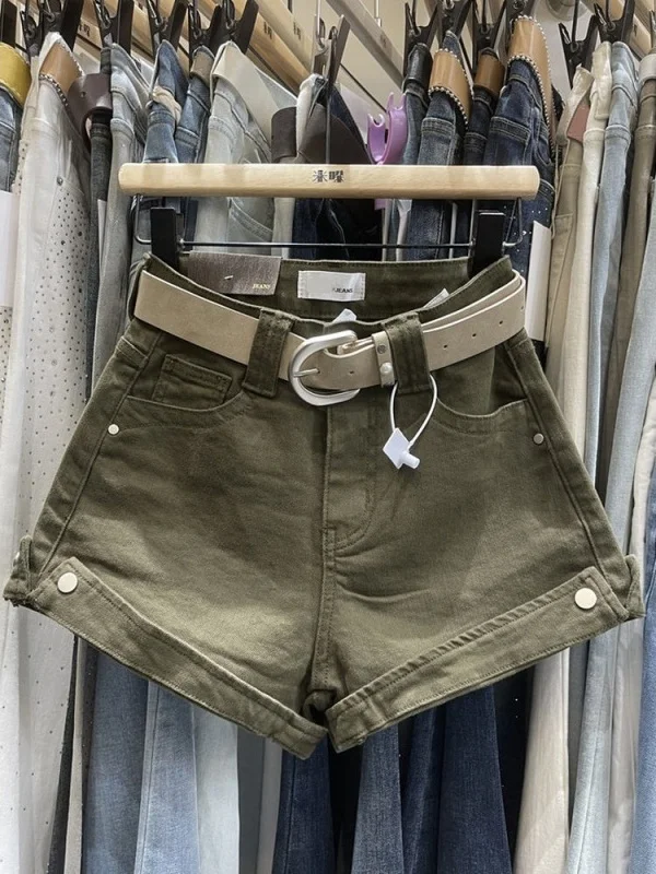 American Retro High Waist Jeans Shorts Green Belted Cuffed Hem Versatile plus Size Women's Comfortable Breathable Summer Pants
