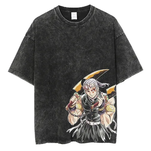 Imagen 2 del producto Camiseta lavada con ácido para hombre, camiseta gráfica de Manga de Anime Tengen Uzui, Camiseta de algodón de gran tamaño, camiseta de calle Vintage Harajuku para hombre y mujer