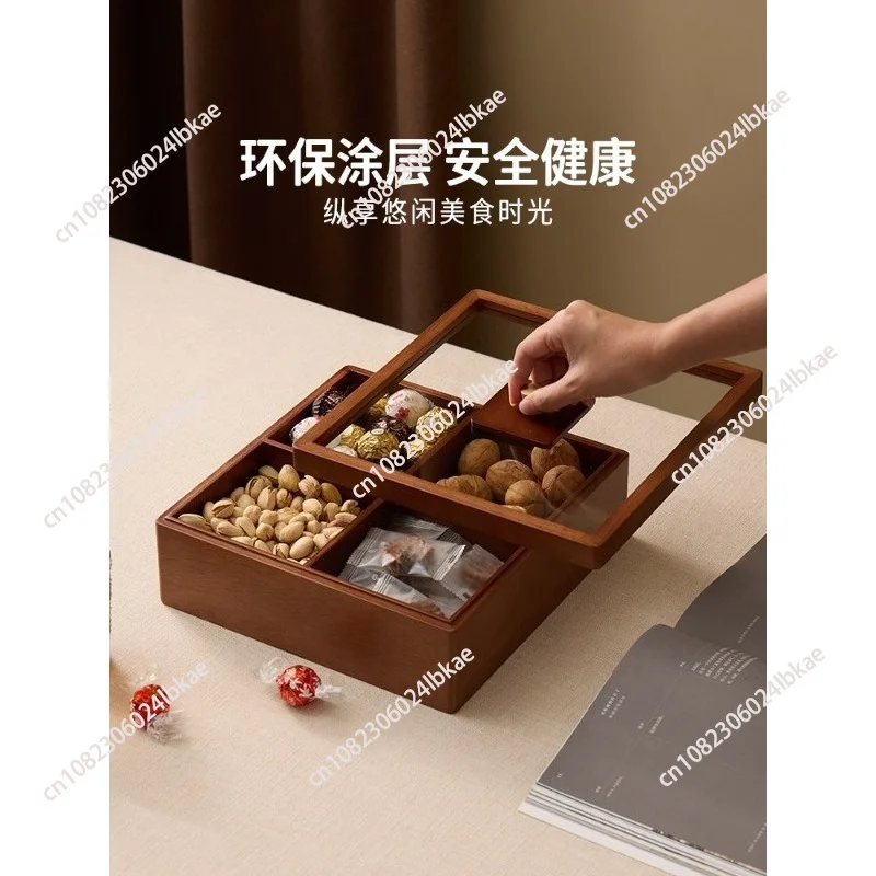 Pure solid wood dried fruit plate nut storage box 2026 new living room tea table four palace grid melon seed candy box