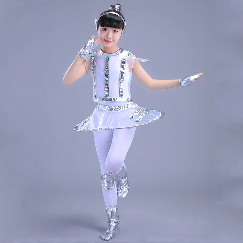 Costume de robot pour enfants, blanc, argent, astronome, performance spatiale, spectacle de danse sur scène, vêtements de temps, unisexe, garçon ou fille