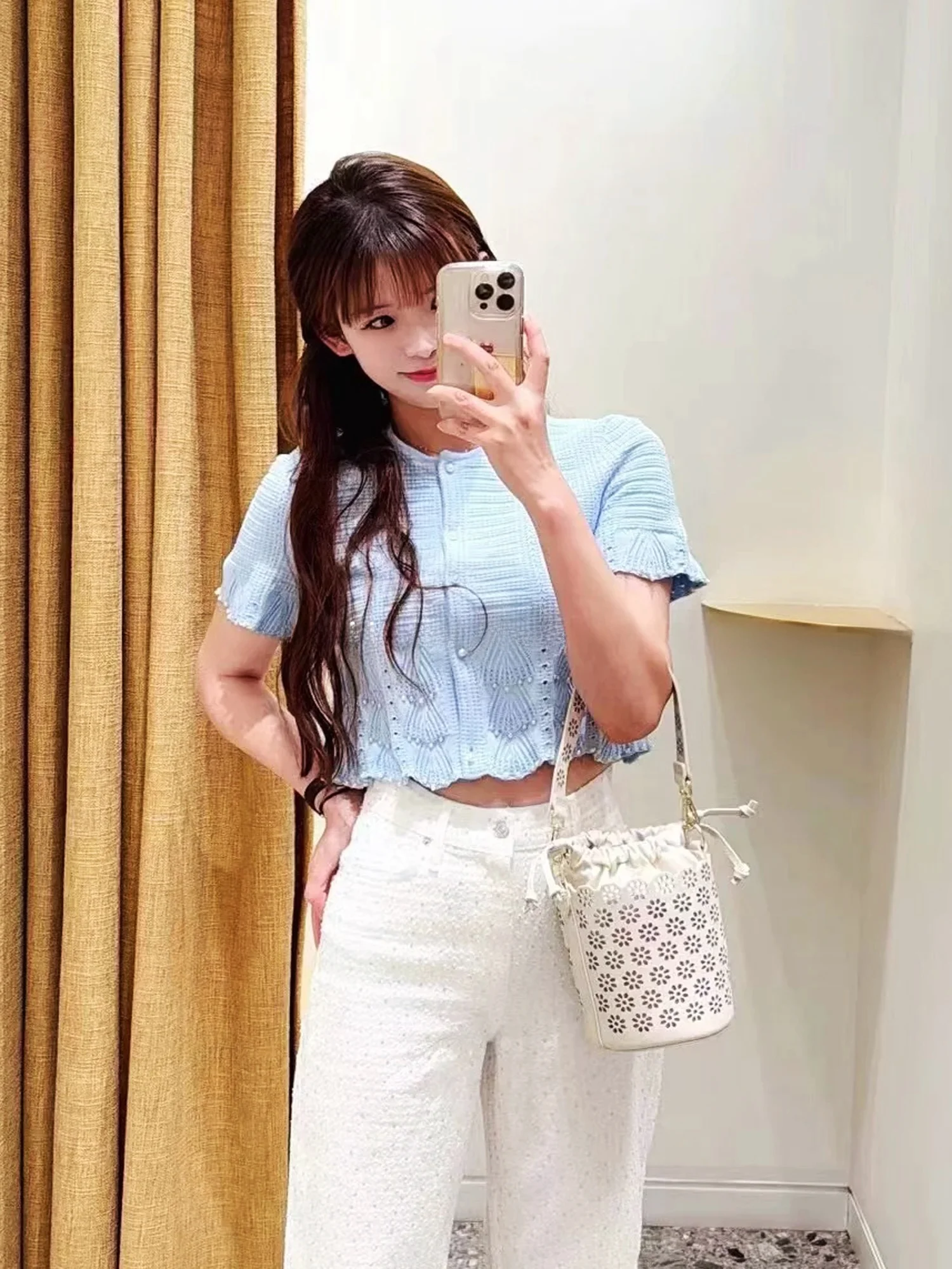 

M-Home, весна-лето, новый корейский вязаный топ Fre ort, универсальный повседневный топ с бусинами, украшенный бисером