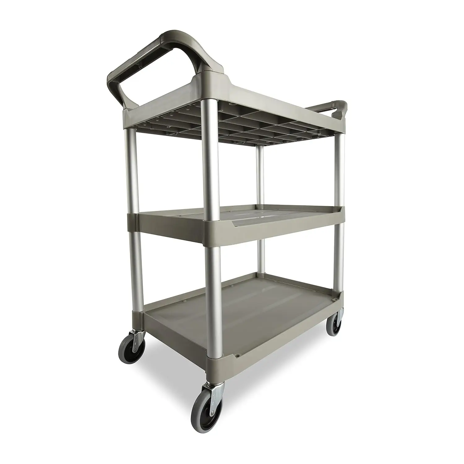 Heavy Duty 3-Shelf Rolling ServiceUtilityPush Cart, 200 lbs. Capacity, Platinum, for FoodserviceRestaurantCleaningWarehou