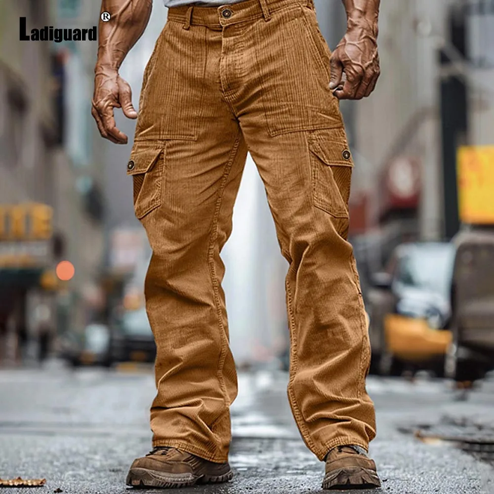 

2025 Fashion Corduroy Cargo Pants Men's Ankle-Length Trousers Plus Size Mens Stand Pocket Casual Straight Leg Pants Yellow Black
