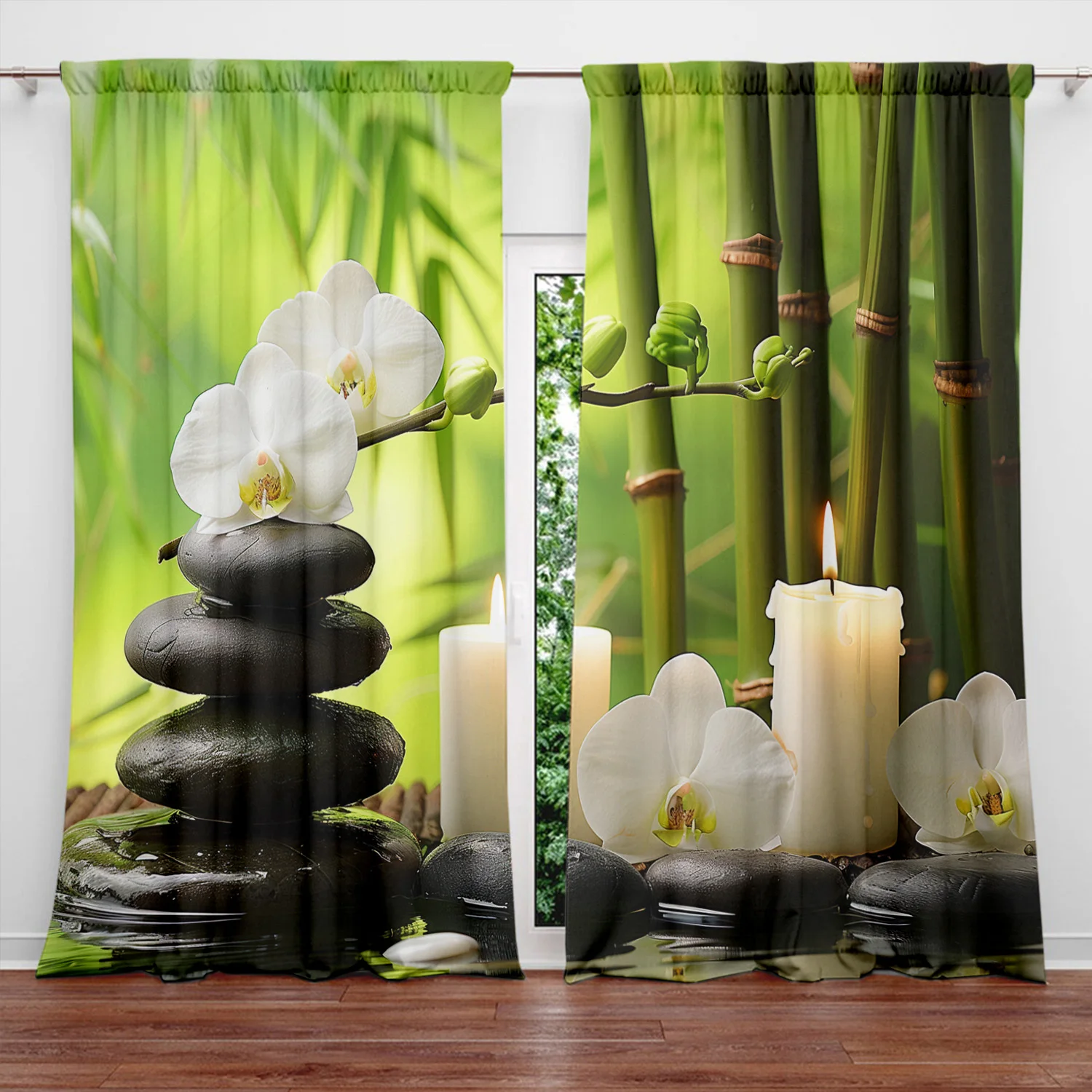 Zen Spa Rod Pocket Window Curtain Fresh Bamboo Orchid Black Stone Candle Pattern Peaceful Yoga Bedroom Home Decoration
