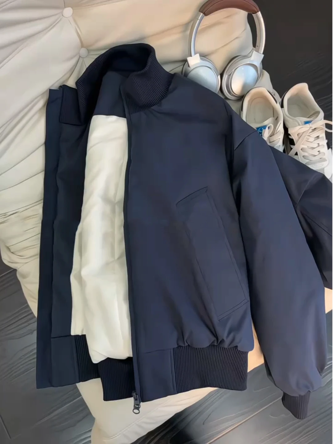 

Cleanfit ort Puffer Jaet Men's Thiened Stand Collar Baseball Sle American Flight Jaet Cotton down Coat Youth Trendy