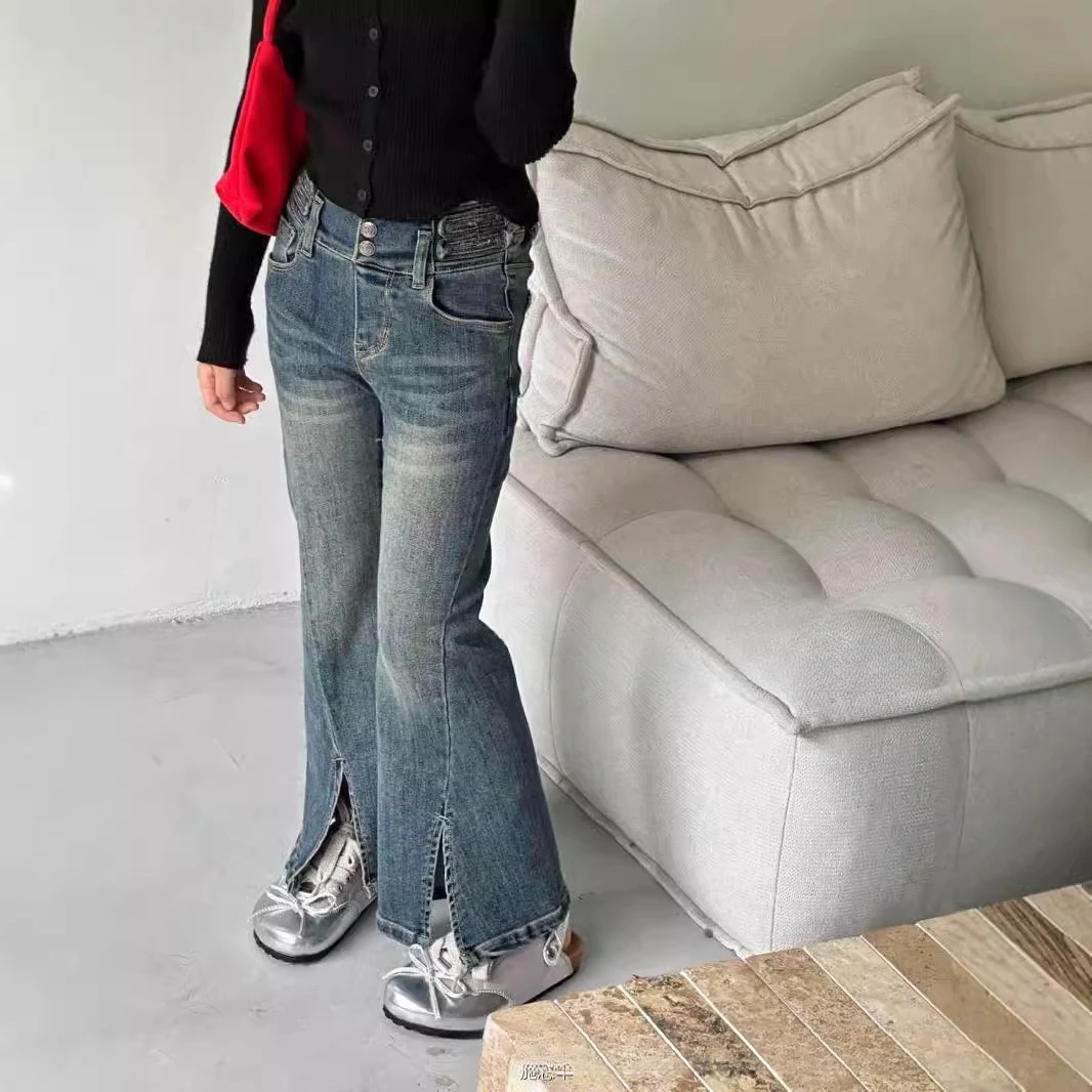 

Girls jeans Autumn 2024 Korean version of foreign style split-ended casual kids pants سراويل 포켓몬