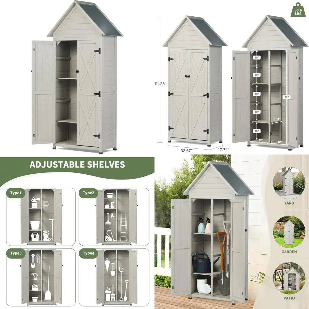 

Всепогодный деревянный садовый садовый сарай с наполом и регулируемыми полками, вертикальный уличный органайзер 71.