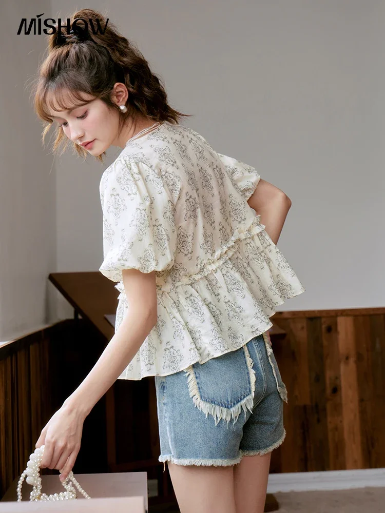 MISHOW French V-neck Floral Short Sleeve Chiffon Blouses for Women 2023 Summer Pleated Bubble Sleeved V Neck Doll Top MXC39X1294