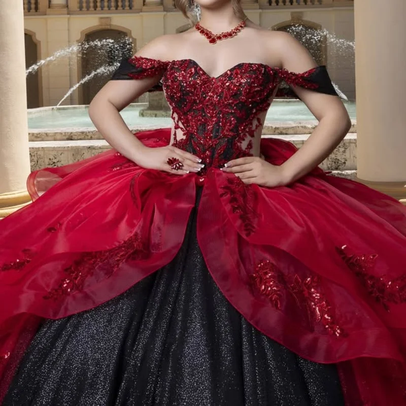 

Black Quinceanera Dress off-shoulder Glitter Decal 3D Flower Lace layering Long tail Bow vestidos de 15 Quinceanera ﻿Customize