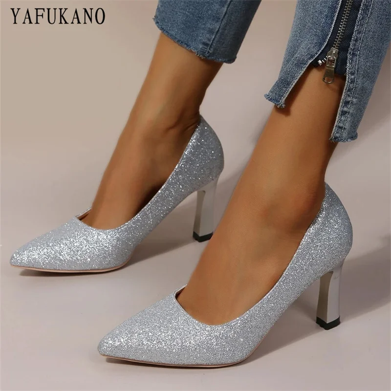 Glitter Point Toe Court Pumps Gold Silver Party Wedding Shoes Women High Heels Fashion Small Thick Heel Comfort Bridal Shoes 33