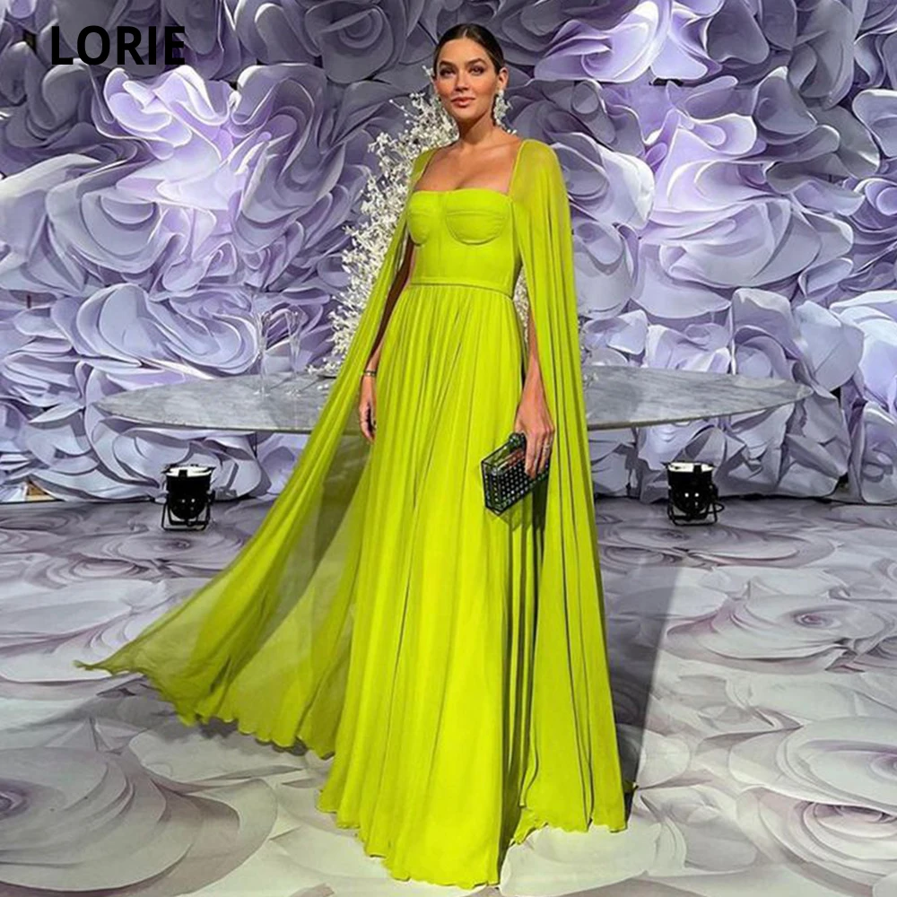 

LORIE Cap Sleeves Cape Lemon Yellow Evening Dresses Boat Neck Elegant Chiffon Robe De Soirée Formal Party Prom Gown for Women