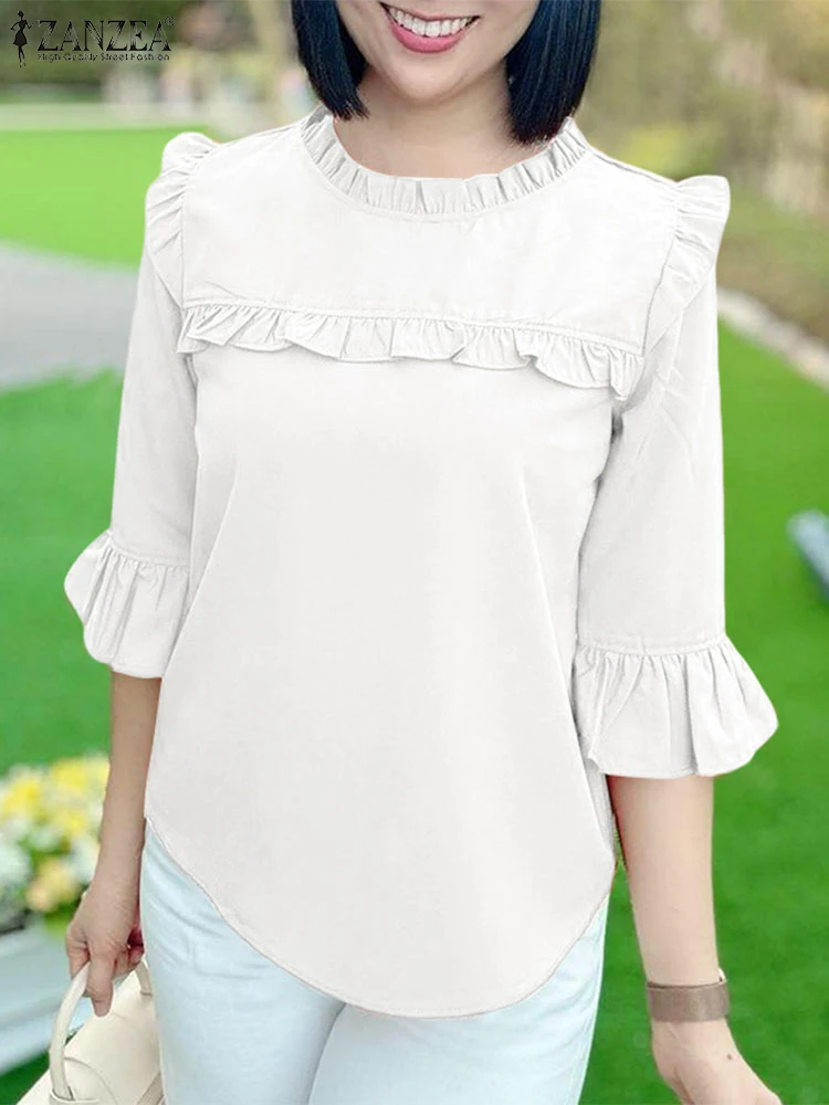 ZANZEA Women Stylish 3/4 Flare Sleeve Work Blouses Autumn Spring Shirt O Neck Tops Female Chemise Stylish Solid Holiday Blusas