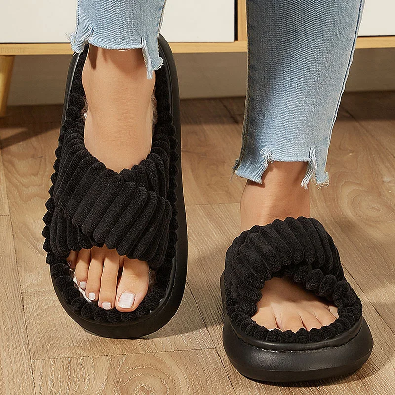 Winter Solid Linen Slippers Women Home Slippers Open-Toe Cross Band Linen Soled Indoor Slides Non Slip Indoor platform Slipper