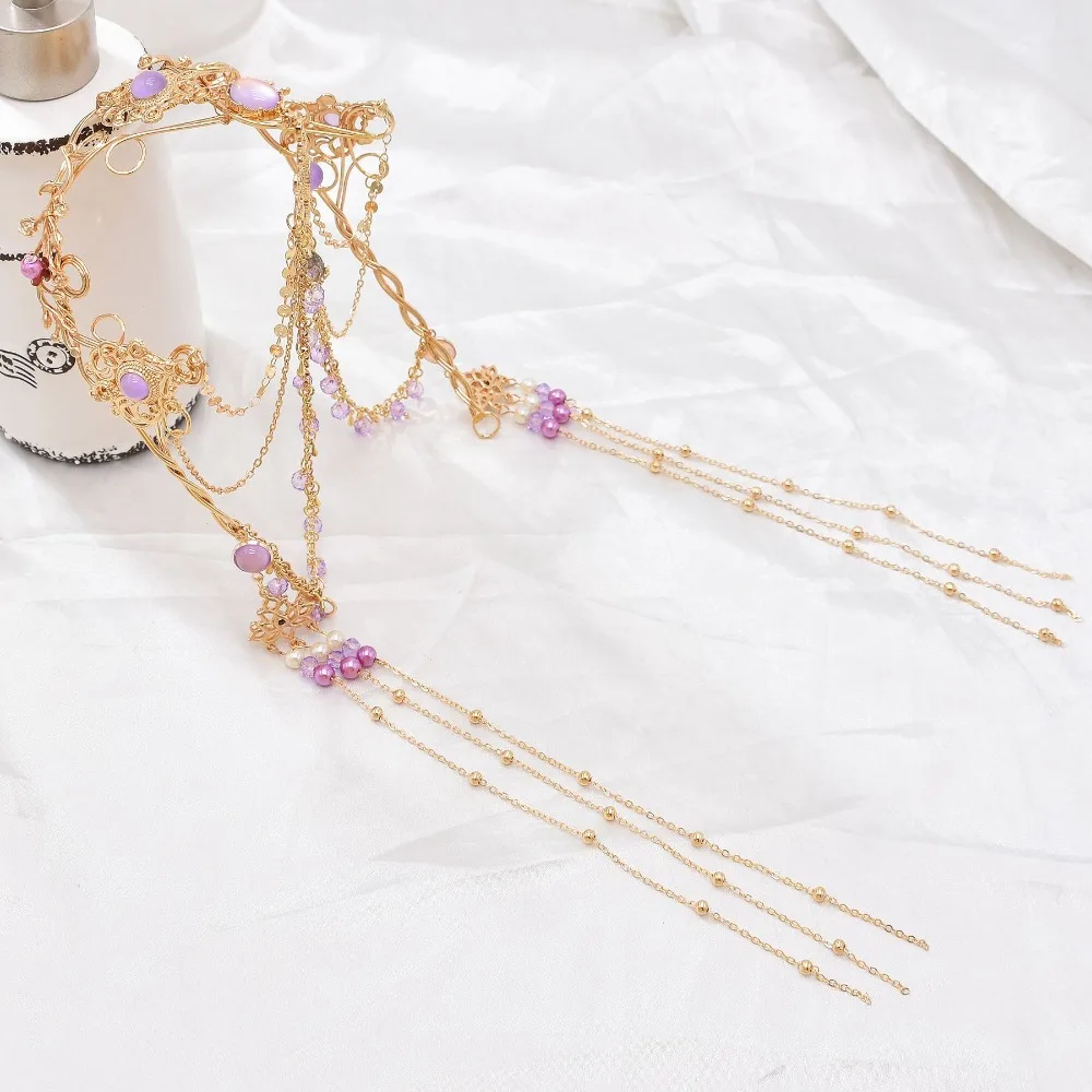 Fashion Tassel Head Chain Purple Crystal Classic Opal Wedding Headband Engagement Women Hair Accessories