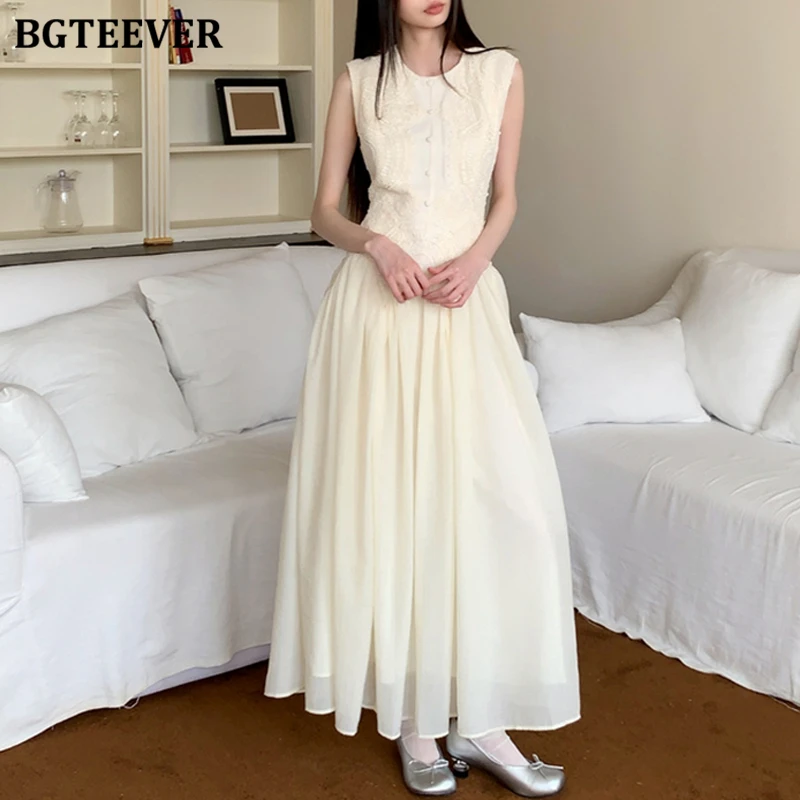 

BGTEEVER Casual O-neck Sleeveless Women Lace Dress Summer Elegant Slim Waist Female A-line Dress